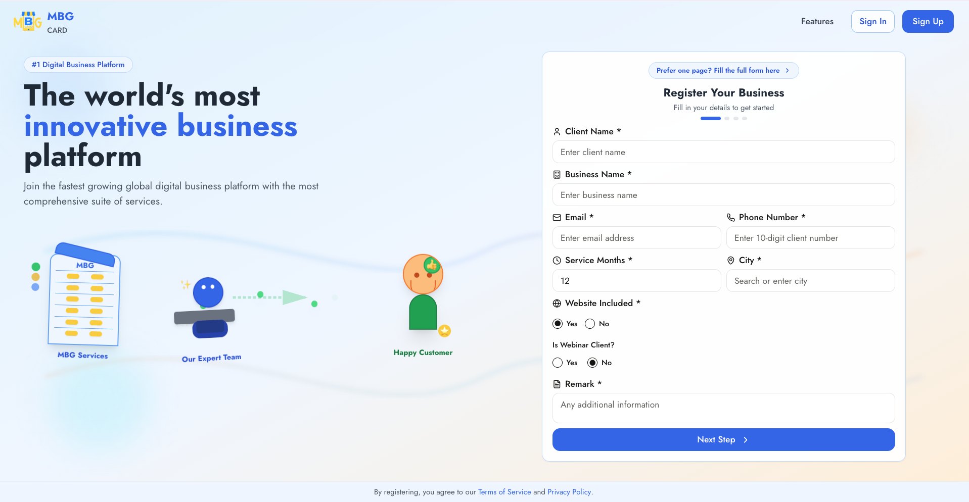 MBG Card business registration screen