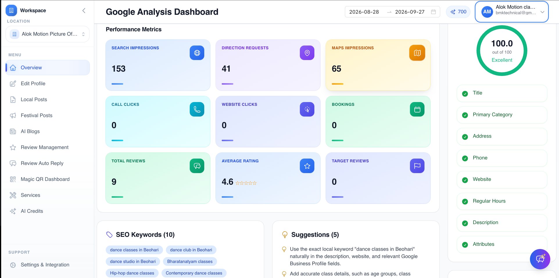 Google Business analysis dashboard showing performance metrics, SEO keywords and profile score